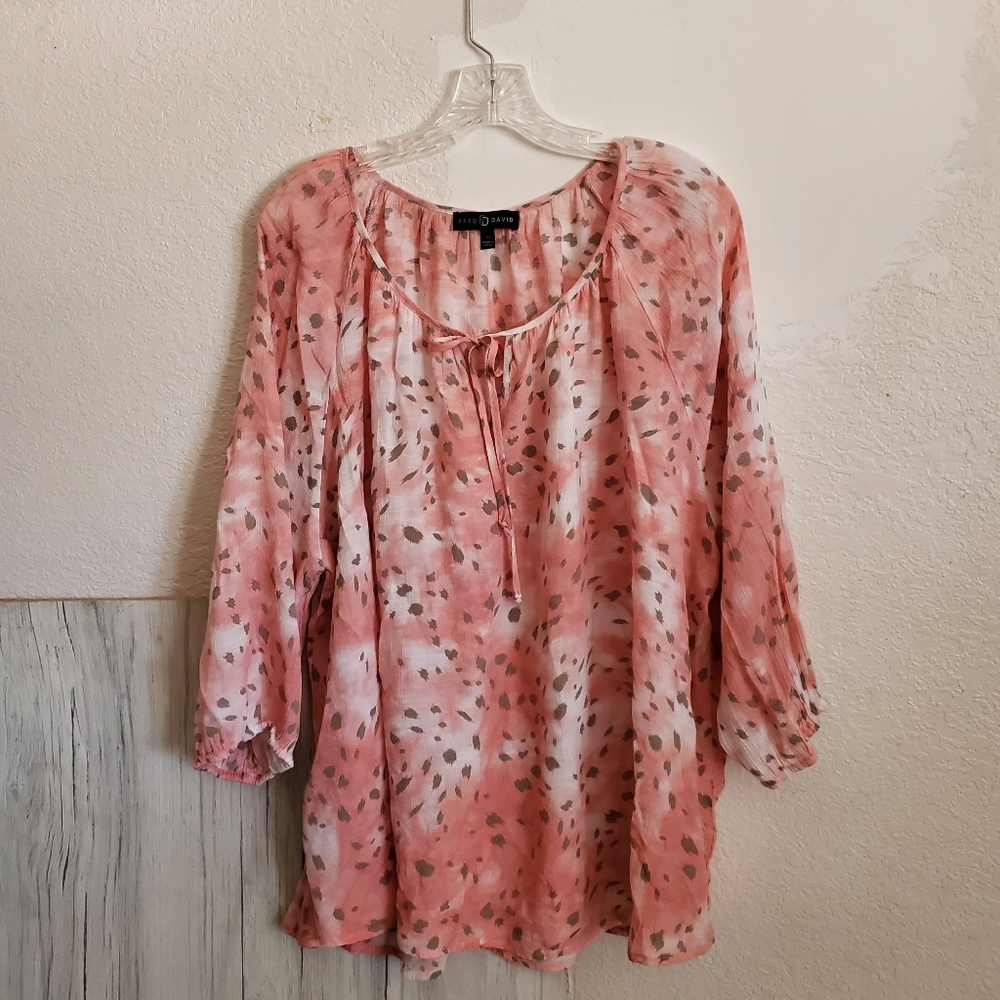 Fred David Women's 2X Semi-sheer Pink Cheetah Print Boho Blouse
